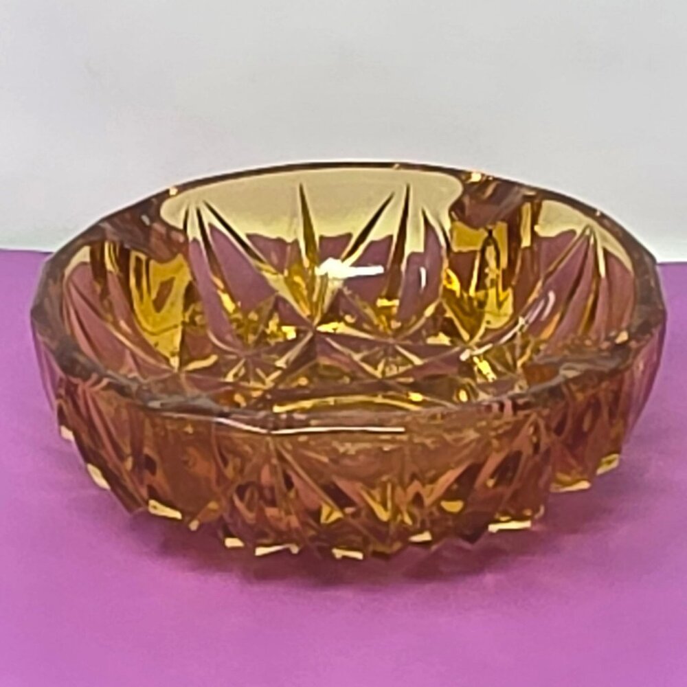 Vintage Amber Glass Crystal-Cut‎ Ashtray With Geometric Starburst Design